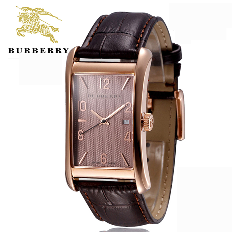 Burberry/巴宝莉博柏利复古方形棕色皮带玫瑰金色石英情侣对表欧美品牌时尚系列石英表女表BU3001男表BU3000
