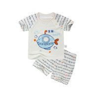 嘻哈贝比夏季短袖短裤新款宝宝单面麻赛尔圆领偏开套装