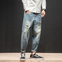 古仕卡特GUSSKATER春季新款男士破洞哈伦牛仔裤男士加肥大码小脚九分裤韩版潮男裤子D5195【btsp】