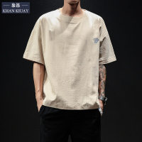 古仕卡特GUSSKATER 亚麻短袖男夏季宽松体桖男短袖天气绣花棉麻男士5分短袖T恤男潮流