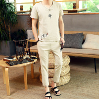 古仕卡特GUSSKATER 夏季 新款中国风 刺绣棉麻九分裤T恤套装