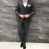 X-MAN2019秋冬新款韩版西服三件套男格子小西装常规日韩潮流三件套装单西 男QT4001-1-TZ305