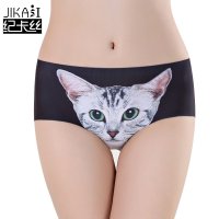 纪卡丝 3D猫咪防走光少女士内裤冰丝无痕棉底裆内裤提臀内裤蕾丝性感中腰内衣裤
