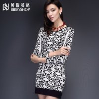 贝瑞英格2015秋冬新品印花通勤OL复古A字裙女装毛呢连衣裙秋