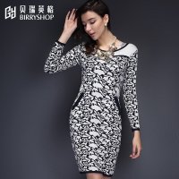 贝瑞英格2015秋装连衣裙通勤OL圆领长袖印花修身裹身裙毛呢收腰