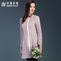 贝瑞英格2015冬季新品名媛气质圆领长袖修身毛呢连衣裙女秋冬装