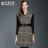 贝瑞英格2015冬季新品气质名媛千鸟格毛呢连衣裙秋冬装长袖厚羊毛