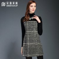 贝瑞英格2015冬季新品气质名媛千鸟格毛呢连衣裙羊毛秋冬装A字裙