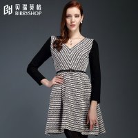 贝瑞英格2015冬季新品气质名媛V领散摆修身显瘦连衣裙秋冬女装