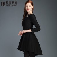 贝瑞英格2015冬季新品通勤大码女装长袖黑色打底裙毛呢秋冬连衣裙