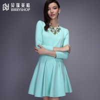 贝瑞英格2015秋冬新品九分袖弹力罗马布显瘦大码女装复古连衣裙秋