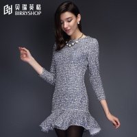贝瑞英格2015秋冬新品通勤长袖圆领花呢显瘦印花鱼尾连衣裙秋装