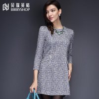 贝瑞英格2015秋冬新品长袖花呢瘦身显瘦女装复古印花秋装连衣裙秋
