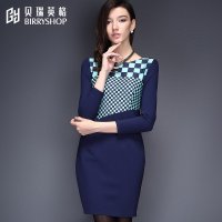 贝瑞英格2015秋装新款显瘦女装弹力罗马布长袖印花修身连衣裙秋