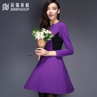 贝瑞英格2015新款秋装长袖圆领弹力罗马布显瘦散摆复古连衣裙秋冬