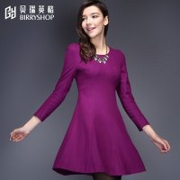 贝瑞英格2015新款秋装通勤长袖羊毛收腰显瘦女装大码毛呢连衣裙秋