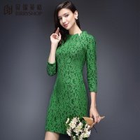 贝瑞英格2015秋冬新品圆领长袖显瘦修身复合蕾丝毛呢连衣裙冬加厚