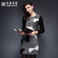 贝瑞英格2015秋季新品圆领长袖修身收腰女装几何针织毛呢连衣裙秋