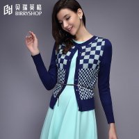 贝瑞英格2015秋冬新品通勤蓝绿方格瘦身显瘦针织开衫女针织衫秋装