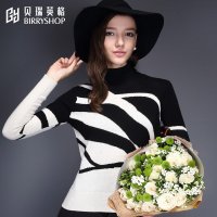 贝瑞英格2015秋冬新品通勤高领羊毛衫黑白花显瘦毛衣针织衫女