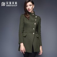 贝瑞英格2015秋冬新品冬显瘦军绿色大码女装羊毛大衣毛呢外套女