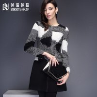 贝瑞英格2015秋冬新品拼接几何针织大码女装呢子毛呢外套大衣女