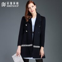 贝瑞英格2015秋冬新品深蓝气质双排扣毛呢外套女中长款呢子大衣冬