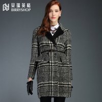 贝瑞英格2015冬季新品气质蜂腰大衣女冬呢子千鸟格毛呢外套