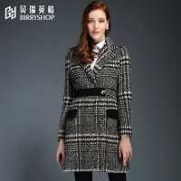 贝瑞英格2015冬季新品气质通勤OL千鸟格毛呢外套呢子大衣女厚