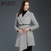 贝瑞英格2015冬季新品通勤复古羊毛黑白点毛呢大衣毛呢外套 女