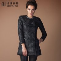 贝瑞英格 2015秋冬新款女装绵羊皮中长款外套真皮菱格皮衣大衣女