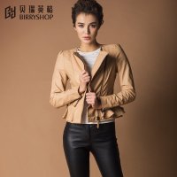 贝瑞英格2015秋装新品进口绵羊皮女皮衣女式短款修身圆领皮装外套