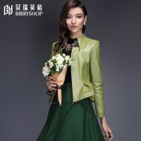贝瑞英格2015秋冬新品通勤机车军绿绵羊皮修身外套真皮皮衣女短款