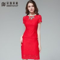 贝瑞英格2016蕾丝大红色短袖中国红晚礼服伴娘服短款结婚礼服大码
