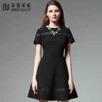 贝瑞英格春装连衣裙2016镂空A字裙散摆蕾丝拼接短袖纯色中裙夏