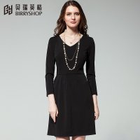 贝瑞英格2016春装新款女装连衣裙显瘦针织弹力罗马布A字裙V领春秋