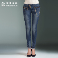 贝瑞英格棉质低腰直筒牛仔裤长裤牛仔修身女装长款春秋小脚裤