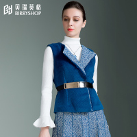 贝瑞英格2016秋冬新款30%羊毛人字纹修身翻领夹棉毛呢马夹女厚