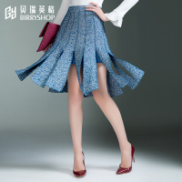 贝瑞英格2016秋冬新款30%羊毛淑女通勤OL人字纹散摆毛呢半身裙厚