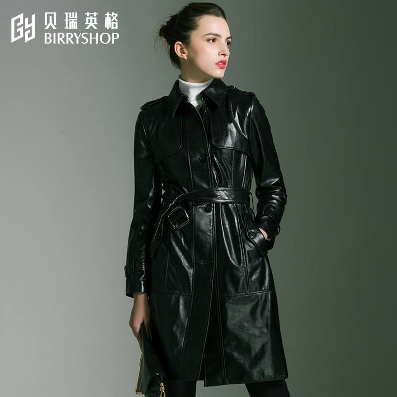 贝瑞英格女士风衣春秋2017新款中长款修身西装领黑色绵羊皮外套