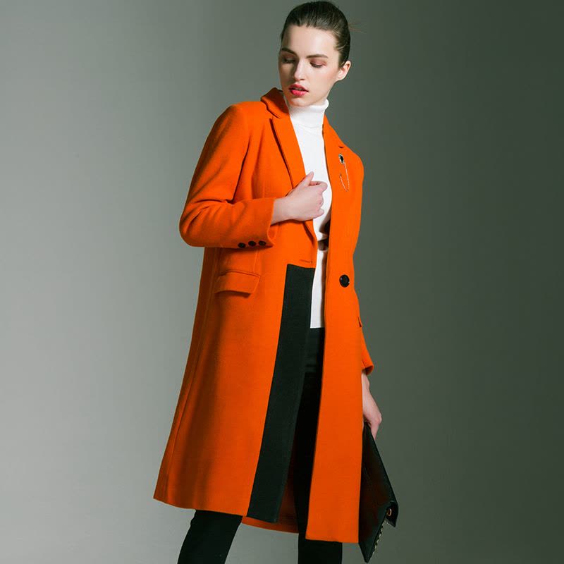 贝瑞英格2017新款羊毛西装领撞色宽松橙色毛呢外套大衣女中长款图片