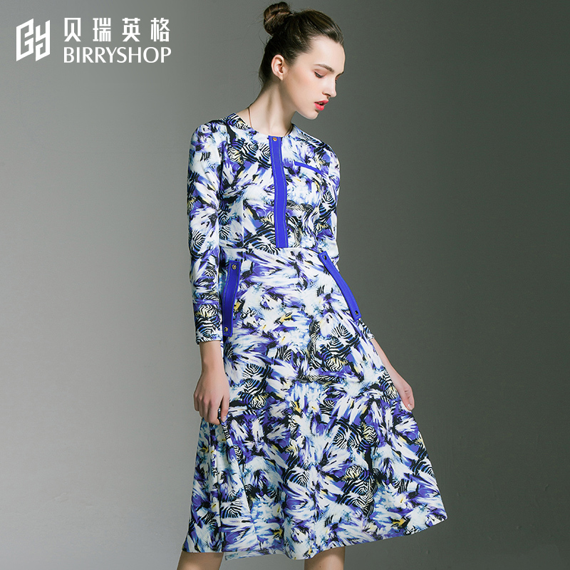 贝瑞英格连衣裙春装2017新款女名媛长袖圆领复古修身印花秋中长款