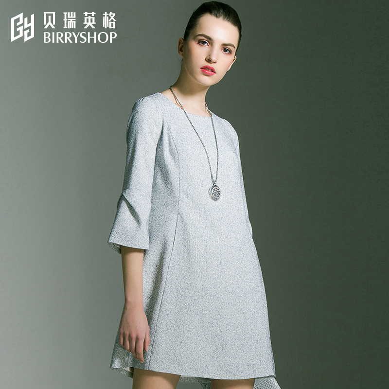 贝瑞英格连衣裙女春秋2017新款显瘦春季七分袖中裙圆领灰色a字裙