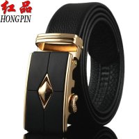 HONGPIN 红品双面头层牛皮皮带 腰男士带 真皮商务休闲裤腰带自动扣男七夕节礼物 黑色头层腰带