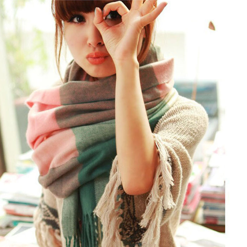 女士时尚冬季保暖围巾 韩版时尚斜角拼色披肩 红品HONGPIN女式甜美可爱围脖