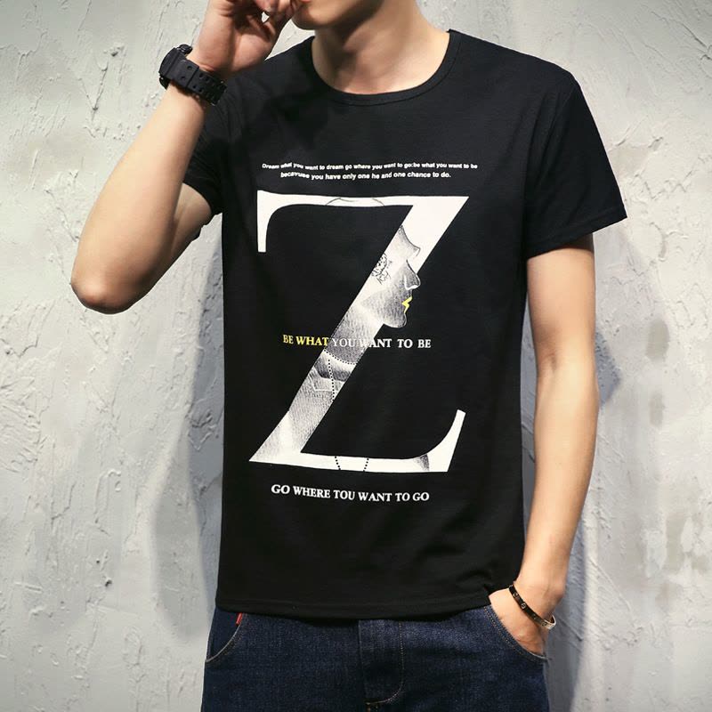 幸福时光【818品牌惠】大码春夏品质款男短袖潮T恤修身弹力日系字母ZT336图片