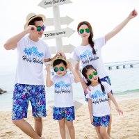 彩虹之家 WH-2016338夏季蓝色椰树亲子装一家三口 家庭装 海边