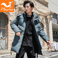 playfox毛领羽绒服男中长款2021冬季新款休闲连帽加厚白鸭绒外套潮