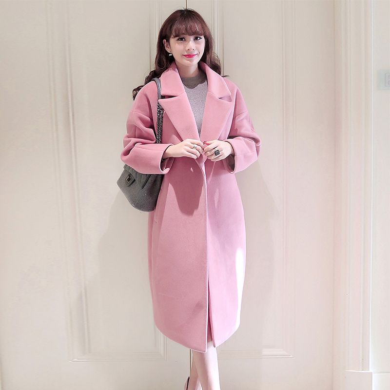 佐露丝ralos佐露丝ralos秋冬中长款粉色呢大衣宽松茧型加厚毛呢大衣大