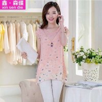 鑫·森碟2015夏装新款韩版中长款大码宽松短袖雪纺衫MC4140